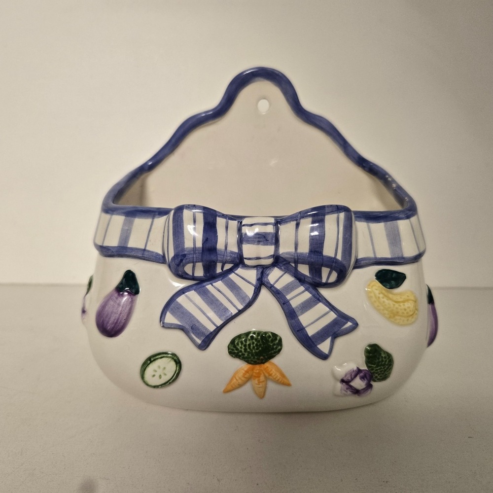 Vintage Fitz and Floyd Vegetable Bowquet Wall Pocket Veggie w/ Plaid Blue Bow